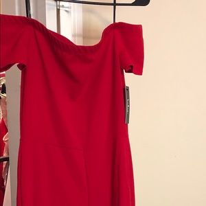 Red off the shoulder flared leg jumpsuit